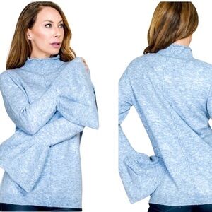 NWT ALLIE & ROB Heathered Blue High Neck Bell Sleeve Sweater Size Large